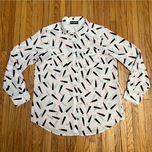 $120 NWOT Karl Lagerfeld Paris All Over Lipstick Blouse Polyester Vtg LG / XL